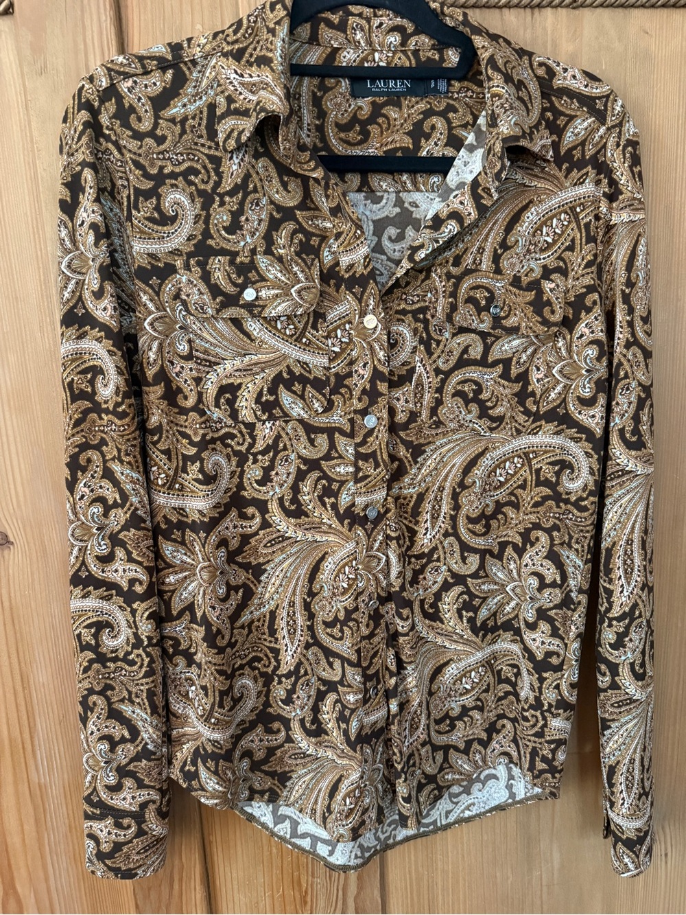 Ralph Lauren Black Label Brown and Cream Paisley Button-Up Blouse